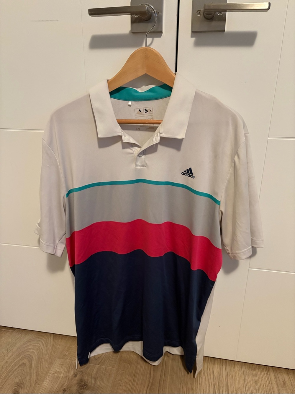 adidas Men’s White Polo with Teal, Gray, Pink & Navy Colorblock